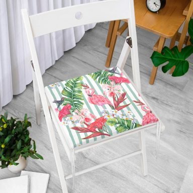 Flamingo Motifli Şerit Desenli Fermuarlı Sandalye Minderi