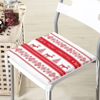 Merry Christmas Kanaviçe Görünümlü Geyikler Baskılı Fermuarlı Sandalye Minderi