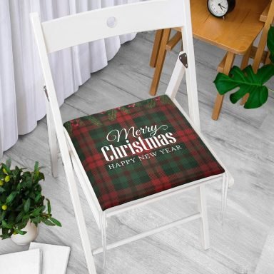 Ekose Zeminde Merry Christmas Baskılı Dekoratif Fermuarlı Sandalye Minderi