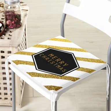 Altın Şeritli Merry Christmas Desenli Dekoratif Fermuarlı Sandalye Minderi