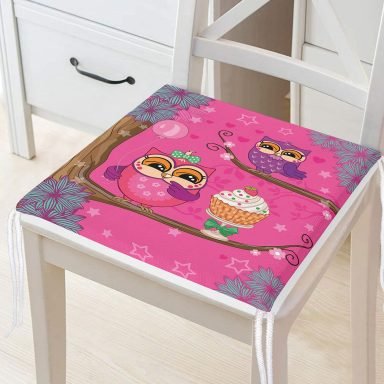 Pembe Zemimde Baykuşlar Desenli Dekoratif Fermuarlı Sandalye Minderi