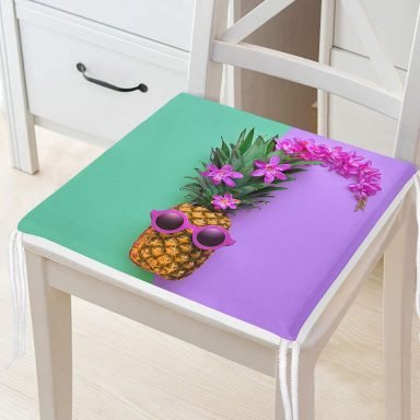 Yeşil ve Mor Ananas Temalı Özel Tasarım Fermuarlı Sandalye Minderi