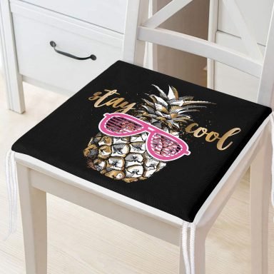 Siyah Zeminde Cool Ananas Desenli Modern Fermuarlı Sandalye Minderi