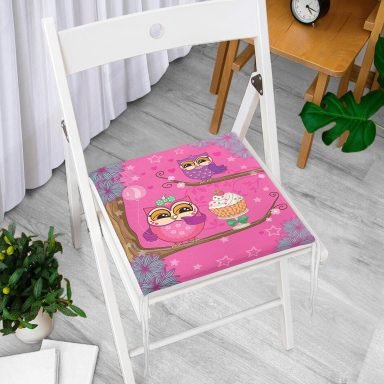 Çocuk Odası Pembe Baykuş Tasarımlı Fermuarlı Sandalye Minderi