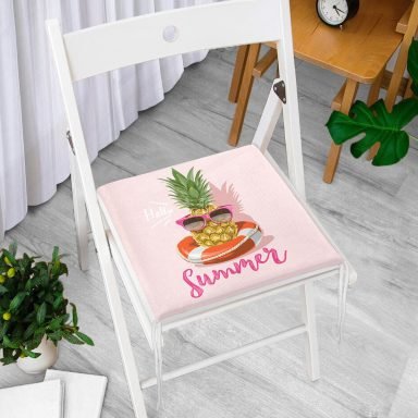 Pembe Zeminli Summer Ananas Desenli Fermuarlı Sandalye Minderi