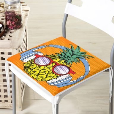 Turuncu Zeminde Summer Ananas Tasarımlı Fermuarlı Sandalye Minderi