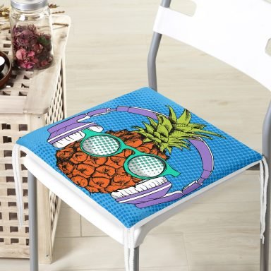 Mavi Zeminli Tropikal Ananas Tasarımlı Fermuarlı Sandalye Minderi