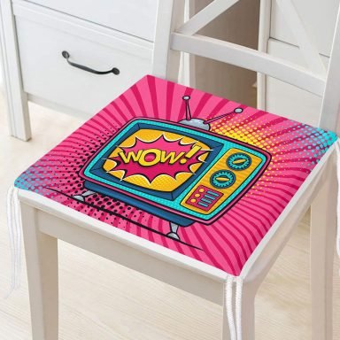 Pop Art Wow TV Desenli Dekoratif Fermuarlı Sandalye Minderi