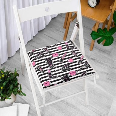 Siyah Çizgili Popart Makeup Desenli Dekoratif Fermuarlı Sandalye Minderi