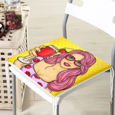Sarı Zeminli Popart Girl Desenli Dekoratif Fermuarlı Sandalye Minderi