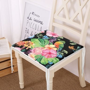 Watercolor Çiçek ve Kuş Motifli Özel Tasarım Fermuarlı Sandalye Minderi