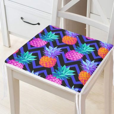 Mavi Zigzag Zeminli Ananas Desenli Dekoratif Fermuarlı Sandalye Minderi