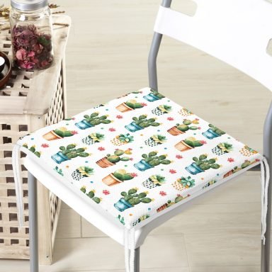 Saksıda Sevimli Kaktüsler Tasarımlı Dekoratif Modern Fermuarlı Sandalye Minderi