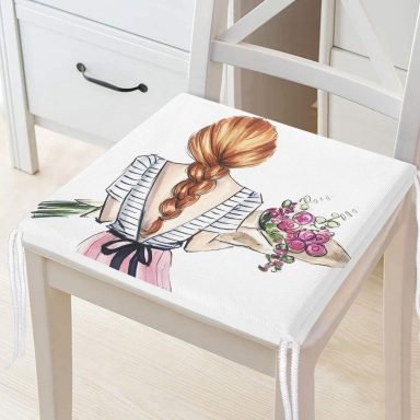 Çiçekli Kız Çizimli Modern Dekoratif Fermuarlı Sandalye Minderi