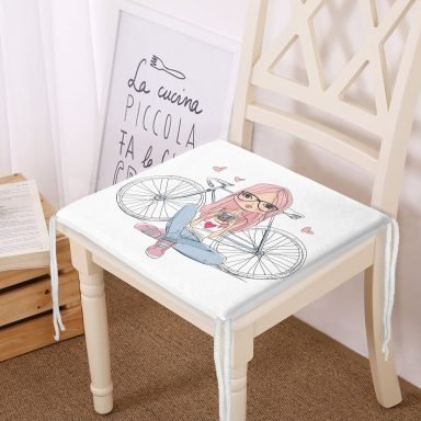 Fashion Bisikletli Kız Motifli Dijital Baskılı Modern Fermuarlı Sandalye Minderi