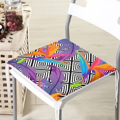Geometrik Zeminde Tropikal Yapraklar Dijital Baskılı Modern Fermuarlı Sandalye Minderi