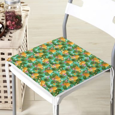 Turkuaz Zeminde Ananas Desenli Dijital Baskılı Modern Fermuarlı Sandalye Minderi