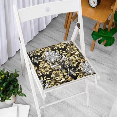 Altın Ve Çiçekli Özel Tasarım Dijital Baskılı Modern Fermuarlı Sandalye Minderi