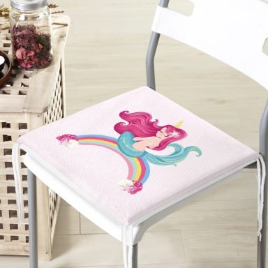 Pembe Zeminde Denizkızı Desenli Dijital Baskılı Çocuk Odası Fermuarlı Sandalye Minderi