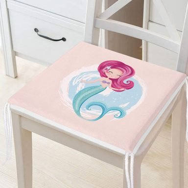 Pembe Zeminde Denizkızı Desenli Dijital Baskılı Çocuk Odası Fermuarlı Sandalye Minderi