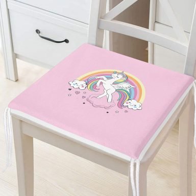 Pembe Zeminde Unicorn At ve Kalpler Tasarımlı Çocuk Odası Fermuarlı Sandalye Minderi