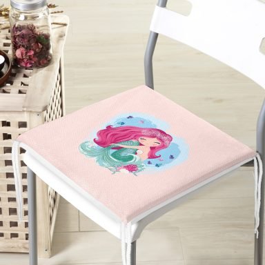Pembe Zeminde Denizkızı Tasarımlı Dijital Baskılı Çocuk Odası Sandalye Minderi