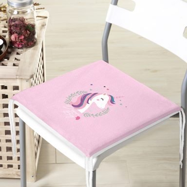 Pembe Zeminli Magic Unicorn Tasarımlı Modern Fermuarlı Sandalye Minderi