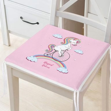 Pembe Zeminde Bisiklet ve Unicorn Tasarımlı Modern Fermuarlı Sandalye Minderi