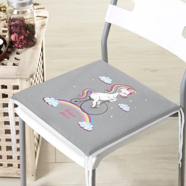Gri Zeminde Bisiklet ve Unicorn Tasarımlı Çocuk Odası Fermuarlı Sandalye Minderi