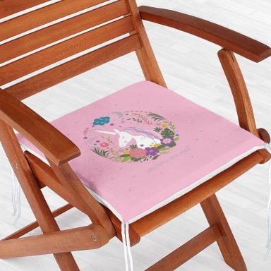 Pembe Zeminde Unicorn At Desenli Çocuk Odası Fermuarlı Sandalye Minderi