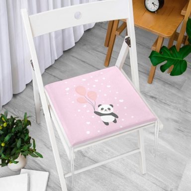 Pembe Zemin Uçan Balonlar ve Sevimli Panda Desenli Modern Fermuarlı Sandalye Minderi