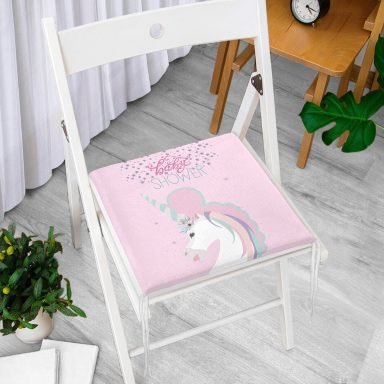 Pembe Zeminde Baby Shower Unicorn At Tasarımlı Modern Fermuarlı Sandalye Minderi