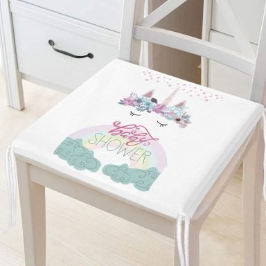 Beyaz Zeminde Baby Shower Özel Tasarım Çocuk Odası Fermuarlı Sandalye Minderi