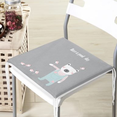 Gri Zeminde Ayıcık Bebek Odası Fermuarlı Sandalye Minderi