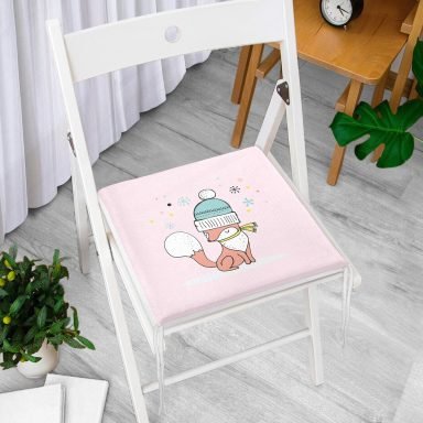 Beyaz Zeminde Sevimli Tilki Desenli Bebek Odası Fermuarlı Sandalye Minderi