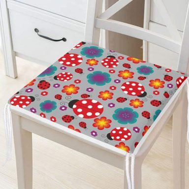 Realhomes Gri Zeminde Uğurböceği Dijital Baskılı Modern Sandalye Minderi