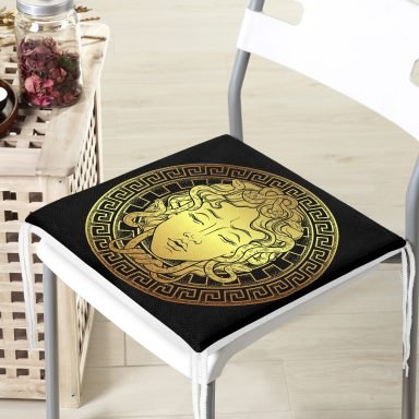 RealHomes Özel Tasarım Siyah Zeminde Gold Medusa Dekoratif Fermuarlı Sandalye Minderi
