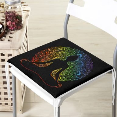 Siyah Zeminde Gökkuşağı Motifli Uzak Doğu Yoga Desenli Fermuarlı Sandalye Minderi