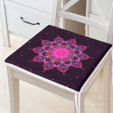 Siyah Zeminde Pembe Neon Mandala Desenli Dekoratif Fermuarlı Sandalye Minderi