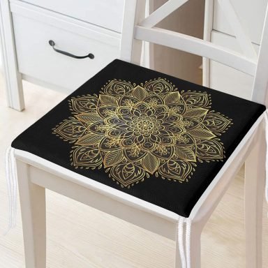Siyah Zeminde Gold Mandala Motifli Fermuarlı Sandalye Minderi