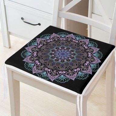 Siyah Zeminde Pembe Mavi Mandala Desenli Modern Fermuarlı Sandalye Minderi