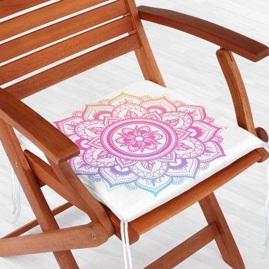 Beyaz Zeminde Pembe Mavi Mandala Desenli Özel Tasarım Fermuarlı Sandalye Minderi