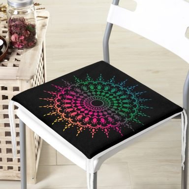 Siyah Zeminde Pembe Yeşil Mandala Motifli Fermuarlı Sandalye Minderi