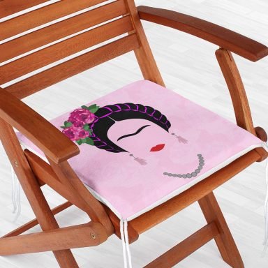 Pembe Zeminde Kahlo Frida Baskılı Fermuarlı Sandalye Minderi