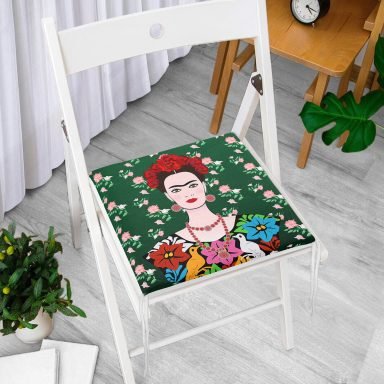 Yeşil Zeminde Frida Kahlo Motifli Özel Tasarım Fermuarlı Sandalye Minderi