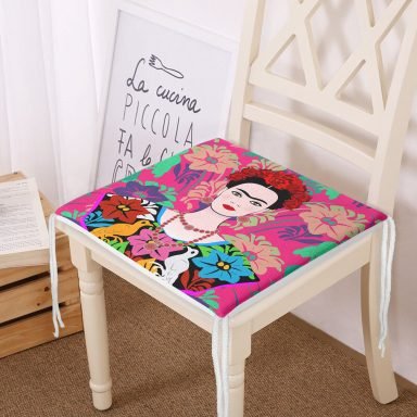 Fuşya Zeminde Frida Kahlo Motifli Özel Tasarım Fermuarlı Sandalye Minderi