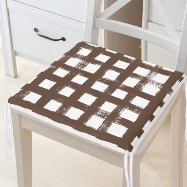 Kahve Zeminde Geometrik Kare Motifli Dekoratif Fermuarlı Sandalye Minderi