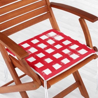 Kırmızı Zeminde Geometrik Kare Motifli Dekoratif Fermuarlı Sandalye Minderi
