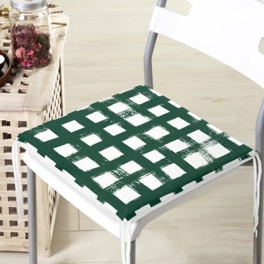 Koyu Yeşil Geometrik Kare Motifli Dekoratif Fermuarlı Sandalye Minderi