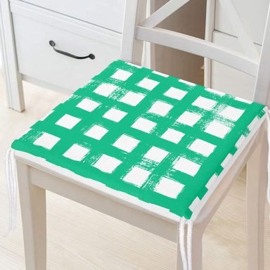 Yeşil Zeminde Geometrik Kare Motifli Dekoratif Fermuarlı Sandalye Minderi